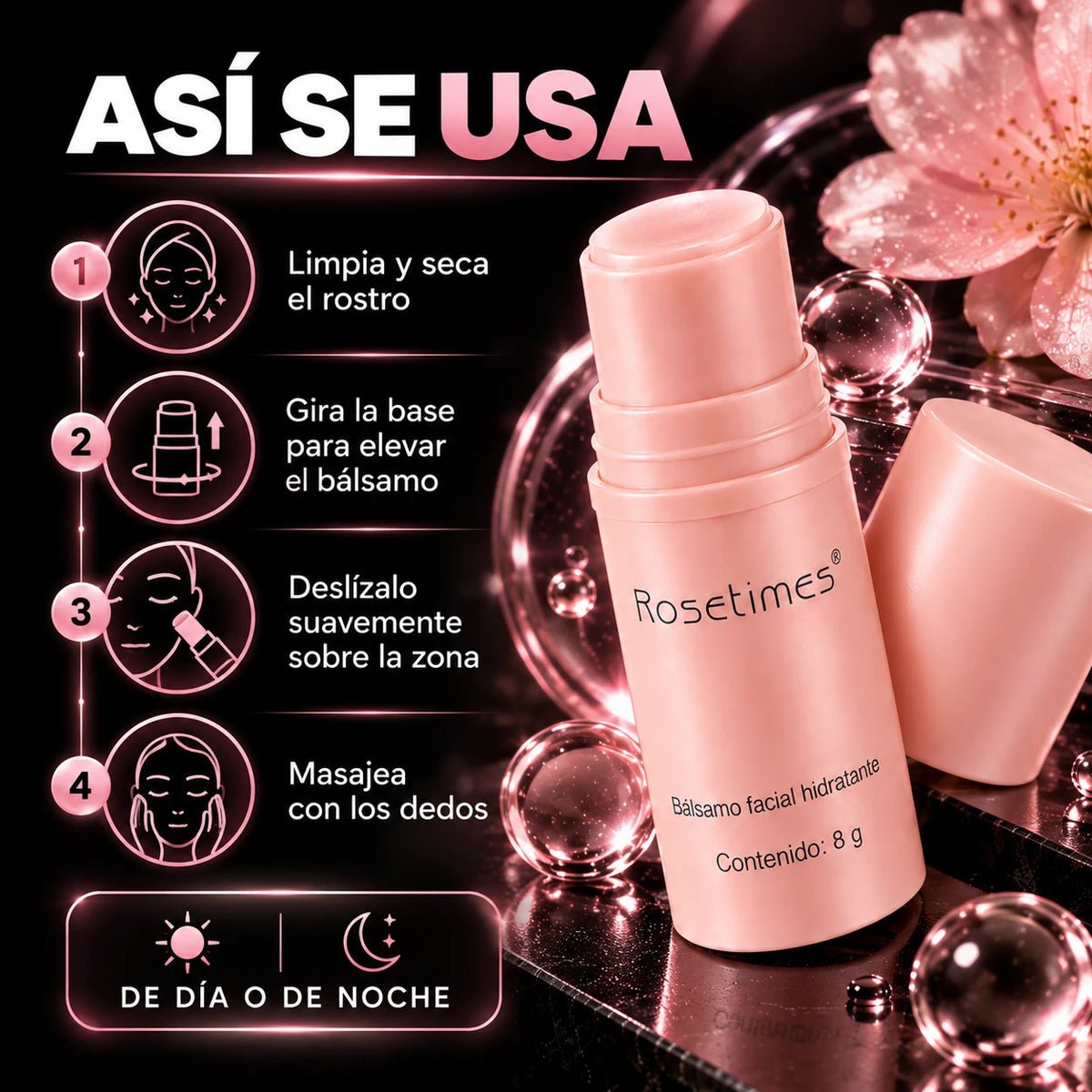Cómo usar el bálsamo facial en stick en 4 pasos: limpiar, girar la base, deslizar y masajear
