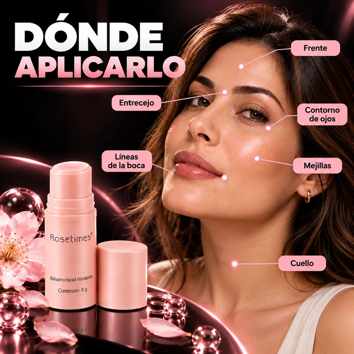 Zonas donde aplicar el bálsamo: frente, entrecejo, contorno de ojos, mejillas, líneas de la boca y cuello