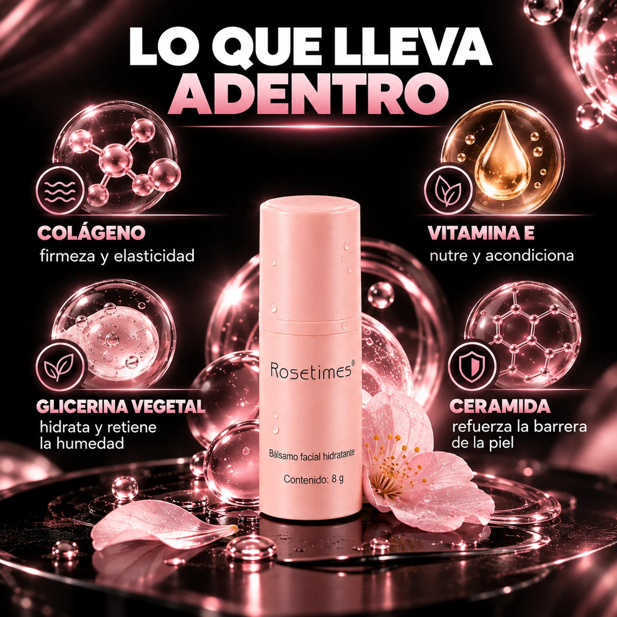 Ingredientes del bálsamo facial: colágeno, vitamina E, glicerina vegetal y ceramida