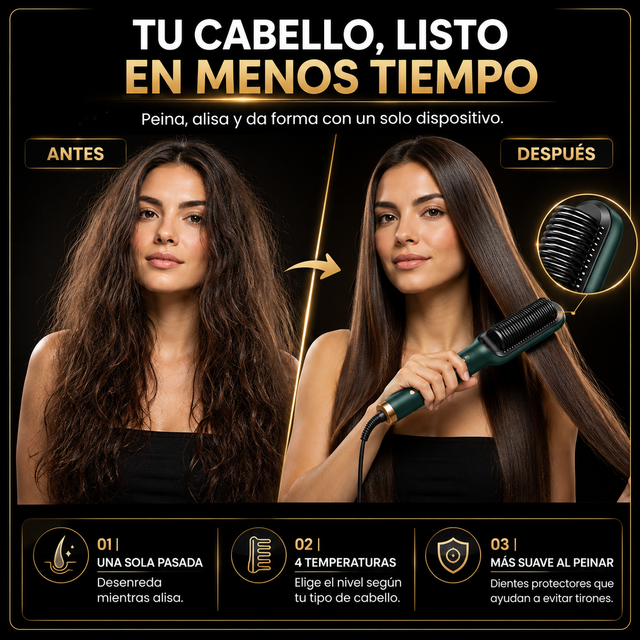Antes y despues: cabello encrespado y luego liso y brillante con el cepillo alisador