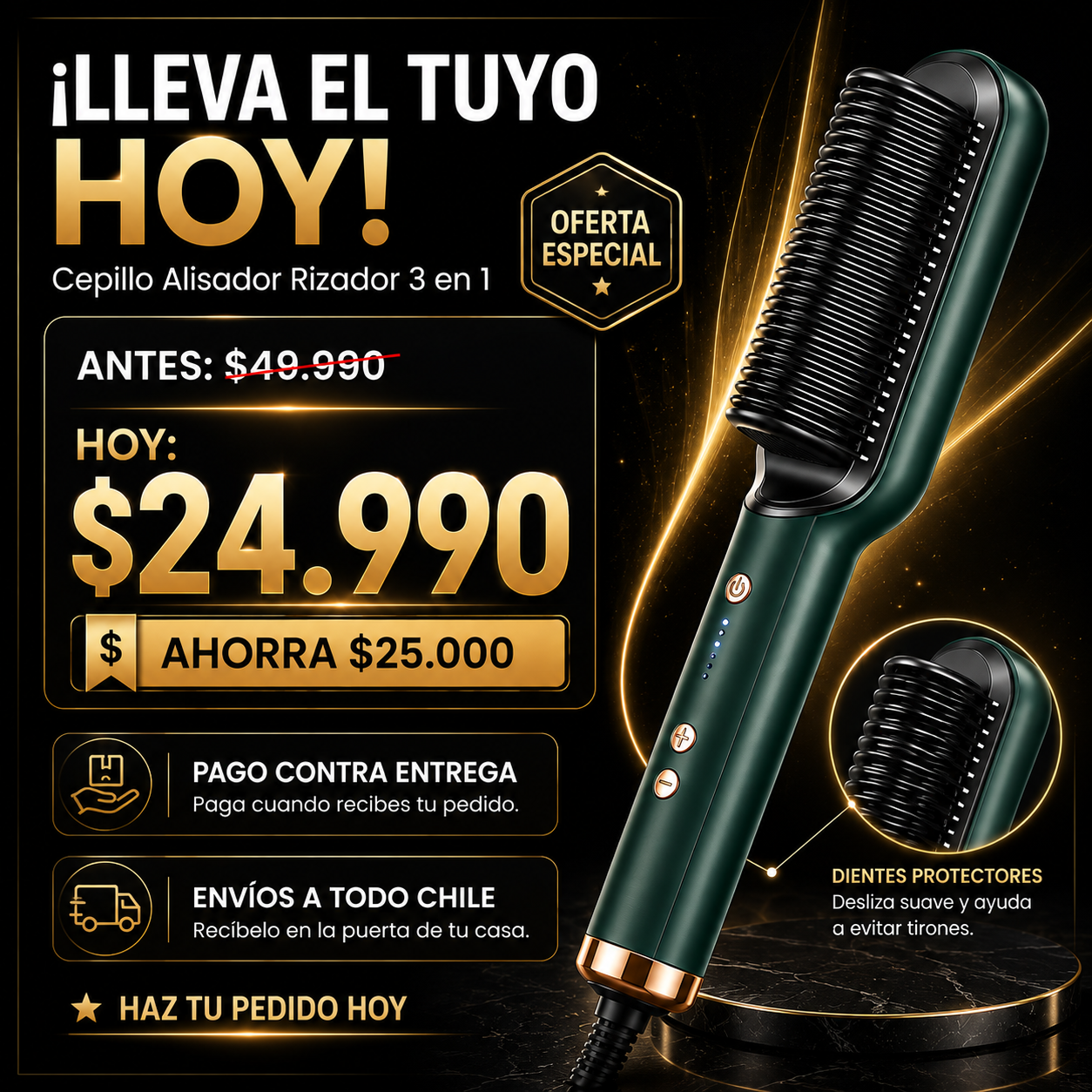 Cepillo alisador y rizador 3 en 1 a $24.990, ahorra $25.000, envio a todo Chile y pago contra entrega