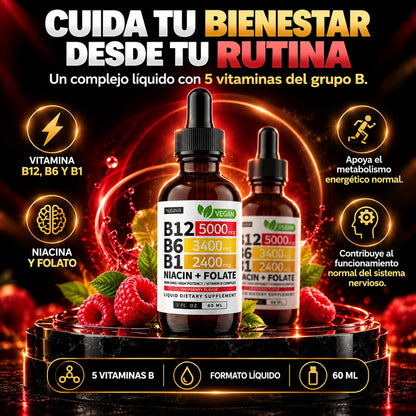 Nusava B12 Liquid Drops, frasco de 60 ml con gotero y sabor natural a frambuesa