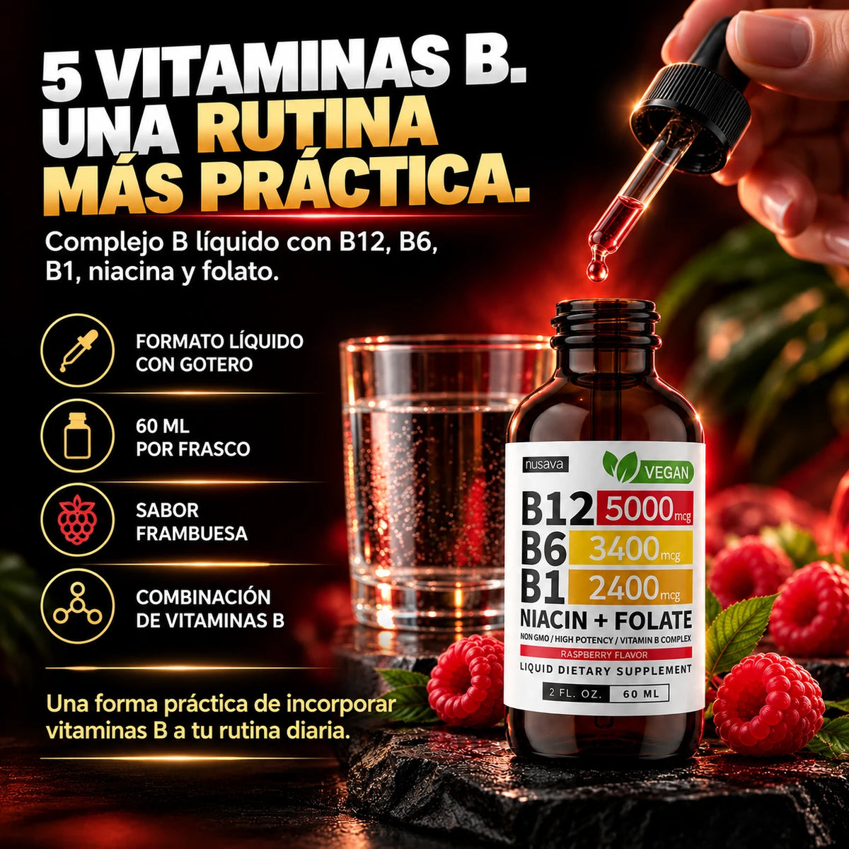 Cinco vitaminas del grupo B en una sola gota: B12, B6, B1, niacina y folato