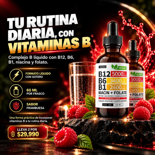 Complejo B liquido con B12, B6, B1, niacina y folato: lleva 2 frascos por $29.990