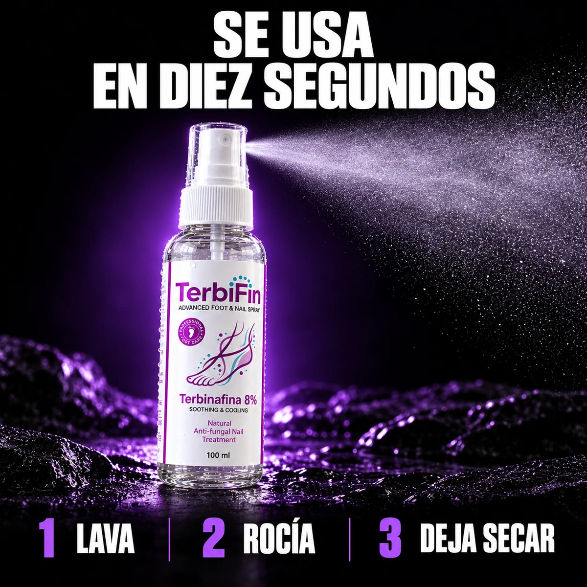 Cómo se usa TerbiFin Spray en diez segundos: lava, rocía y deja secar